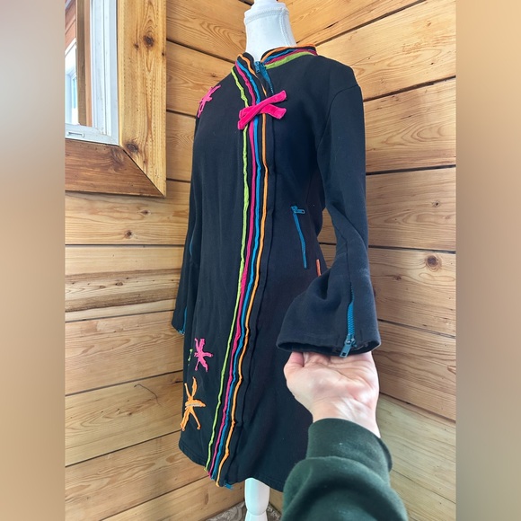 Vintage Black Boho Hippy Jacket Coat Festival Artsy Funky Asian Cotton Sz Large - Picture 9 of 14